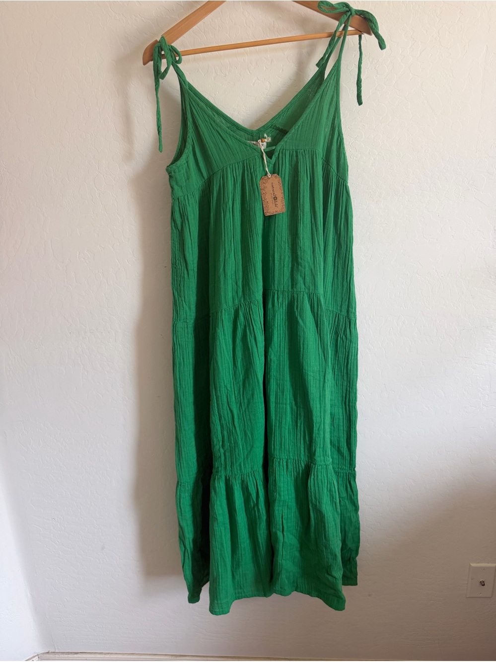 NWT Natural Life Green Cotton Gauze Tiered Tie-Shoulder Midi Maxi Dress M